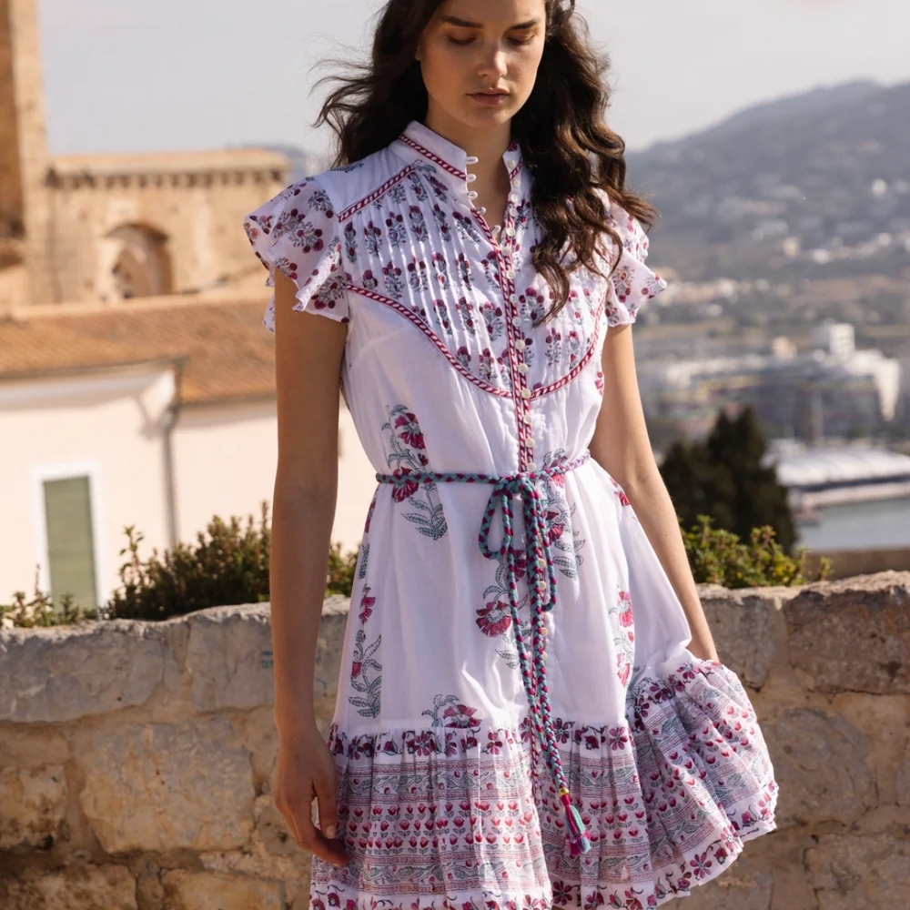 Oliphant White and Pink Embroidered Mini Dress